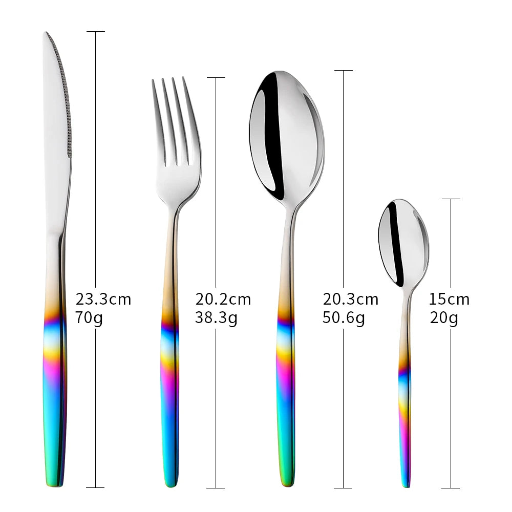Elegant stainless steel flatware set showing a knife, fork, spoon, and small spoon with dimensions.