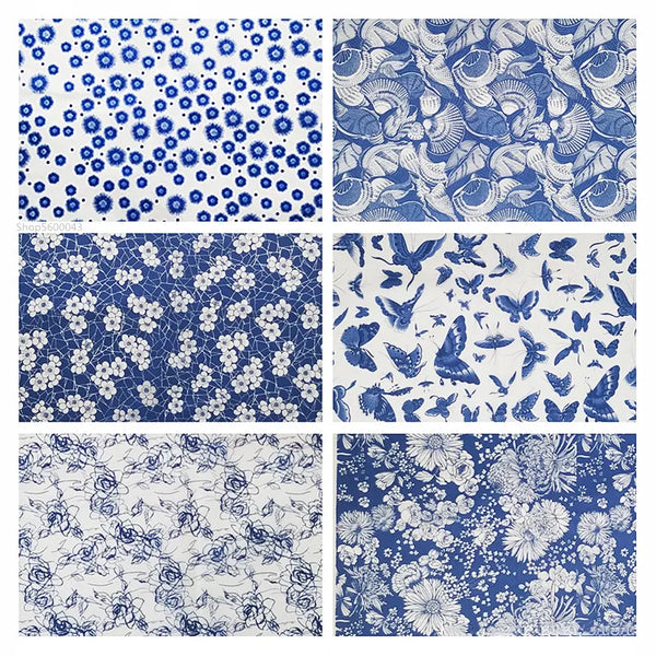 A collage of traditional blue and white floral patterns featuring various botanical designs.