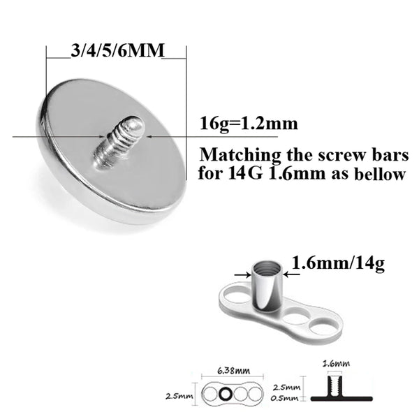 Surgical steel dermal anchor body jewelry components including a screw bar and matching bars for 14G 1.6mm.