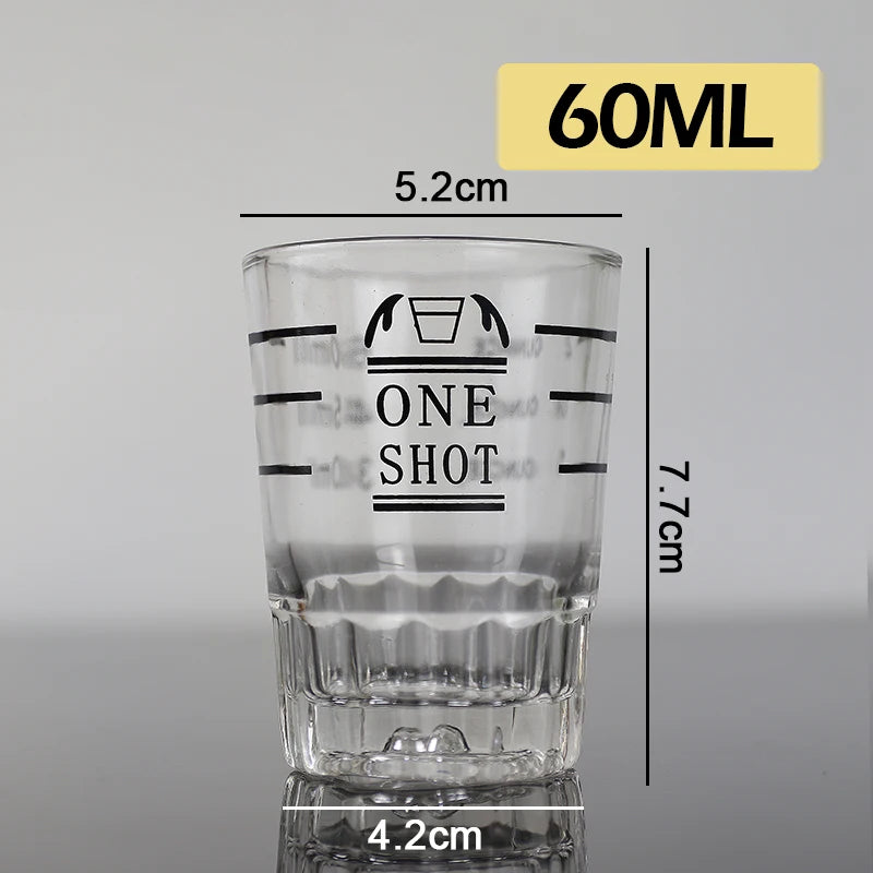 A clear glass measuring cup with volume markings, labeled 60ML, showing dimensions and a single shot line.