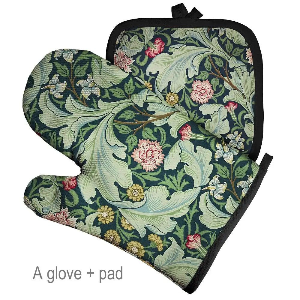 Isoliertes Ofen- und Grillhandschuhpaar mit Blumenmuster in dunkelgrün und pink, inklusive Pad.