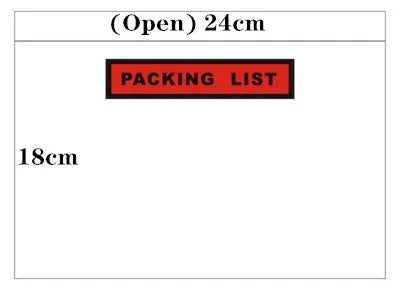 A white rectangular label with the text Open 24cm and a red box labeled PACKING LIST.