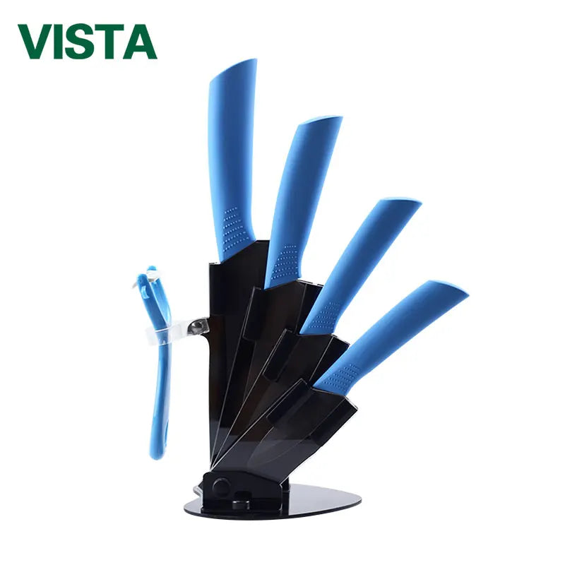 A black ceramic multi-use kitchen knife set with blue handles displayed on a white background.