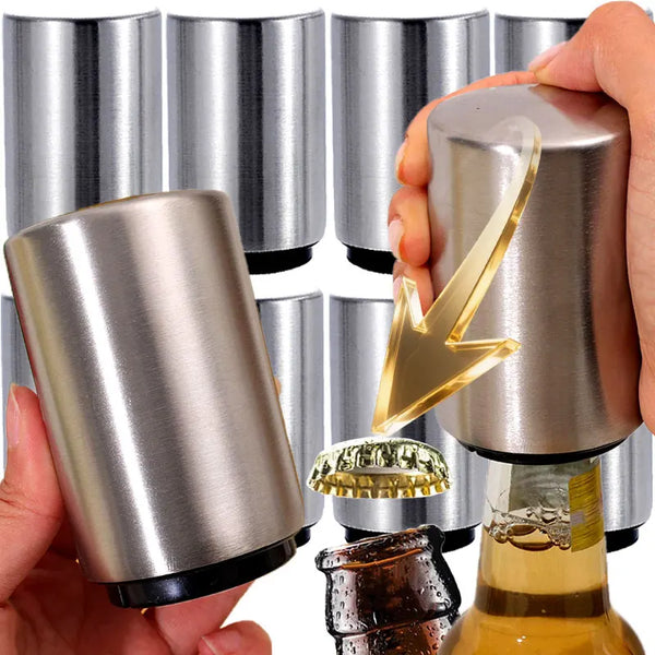 Eine Hand hält einen Edelstahl-Magnetöffner, der sein Design und seine Funktion zeigt.