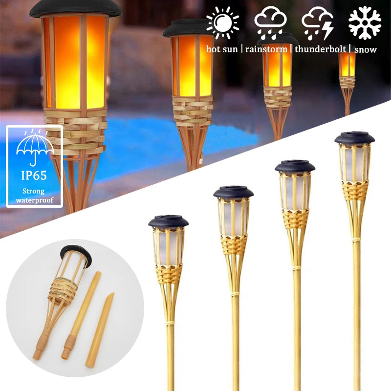 A set of solar flame effect garden path lights in various styles and colors, shown illuminating a night scene.