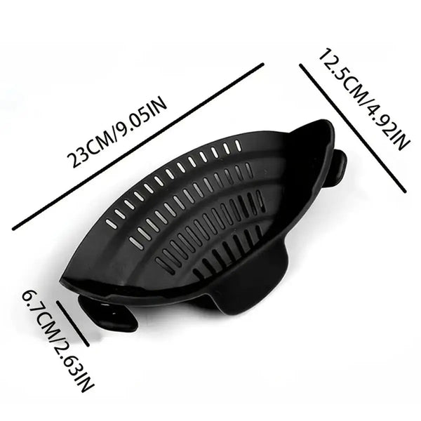 Schwarzer, verstellbarer Edelstahl-Topf-Sieb mit Maßen 23cm/9.05in und 12,5cm/4.92in.