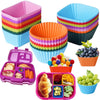A set of colorful reusable silicone cupcake liners stacked and displayed, including muffin cups and small cupcake molds.