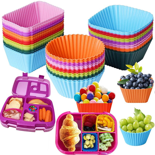 Ein Set bunter wiederverwendbarer Silikon-Cupcake-Förmchen, darunter Muffinformen und kleine Cupcake-Formen.