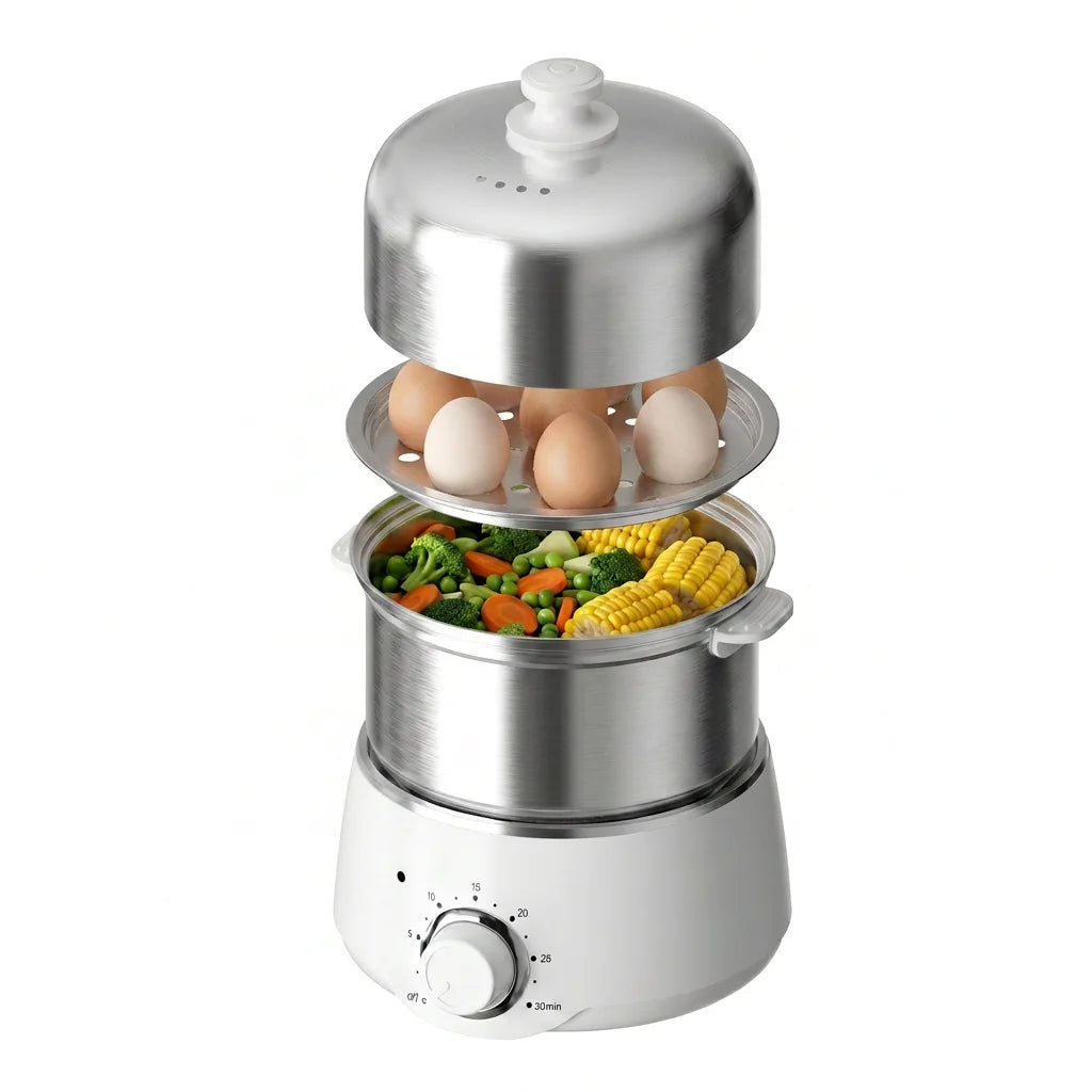 Silver electric steamer for cooking eggs and vegetables with a timer.