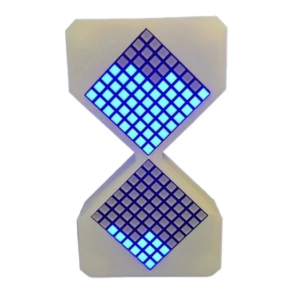 A white LED digital hourglass timer with a blue illuminated diamond shape.