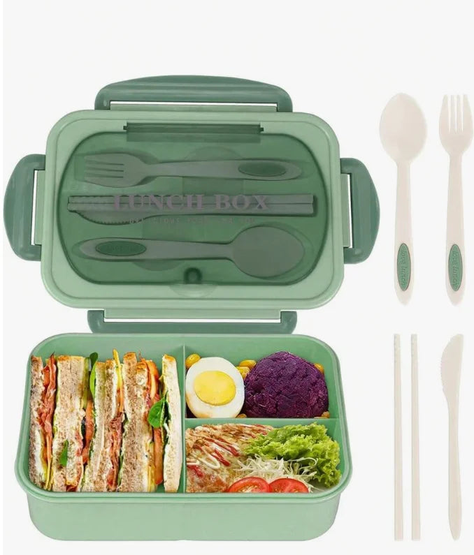 A light green bento box set featuring a main compartment for food and an attached cutlery set.