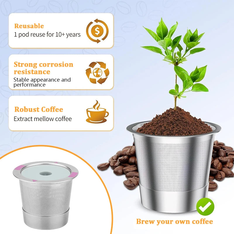 Reusable stainless steel coffee filter with a plant growing out of the top, demonstrating corrosion resistance and robust cof