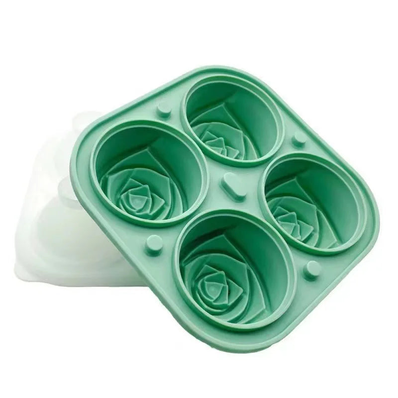 Green silicone mold tray with multiple 3D rose-shaped cavities for ice cubes and crafts