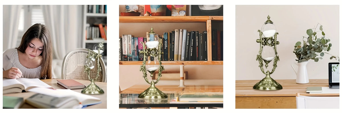 A vintage brass rotating craft organizer displayed on a wooden table next to books and natural light.
