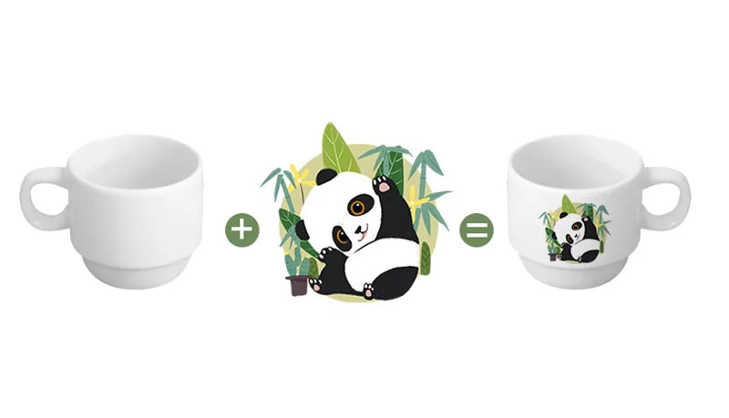 A set of four white ceramic cappuccino cups featuring a panda design, shown with an addition and subtraction symbol.