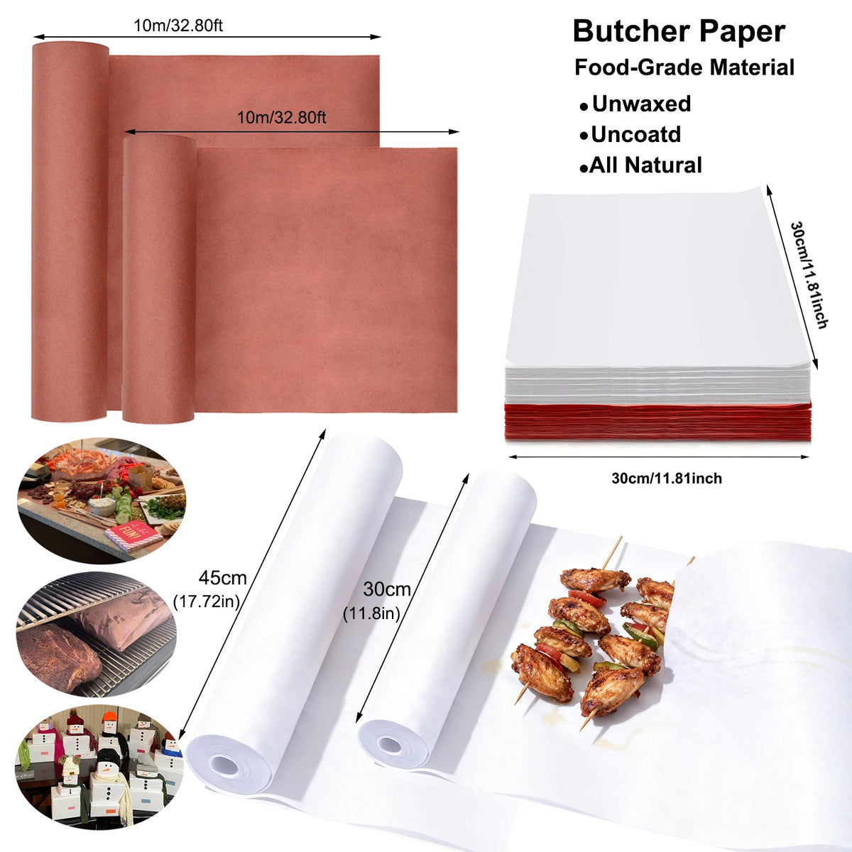 Rollos de papel de charcutería apto para alimentos en color rosa mate, junto a productos empaquetados y carne cocida.