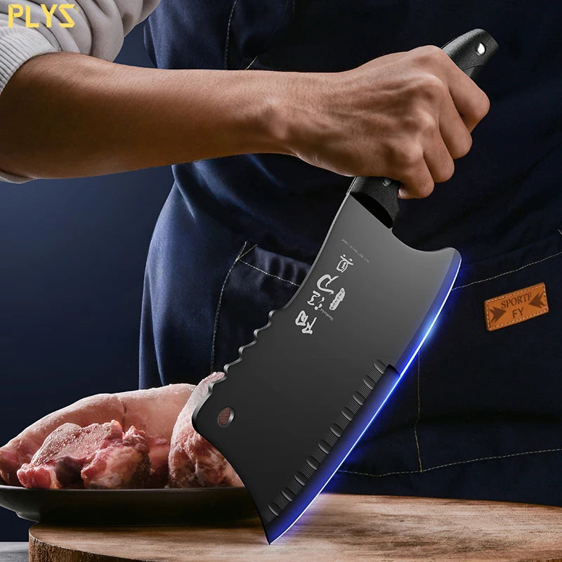 A hand is holding a blue-lit stainless steel chopping knife over a cutting board, positioned above raw meat.