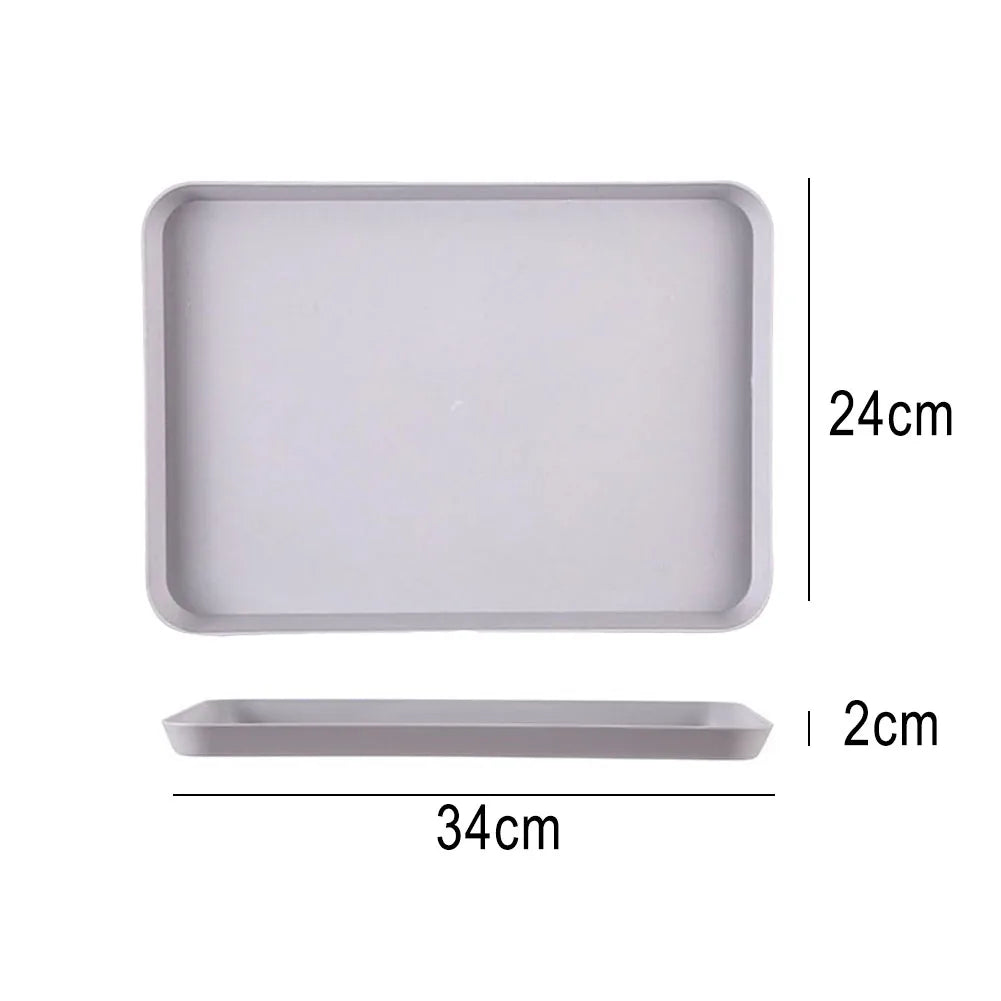 A rectangular serving tray in light gray, shown with dimensions 34cm by 24cm and a separate 34cm by 2cm tray.