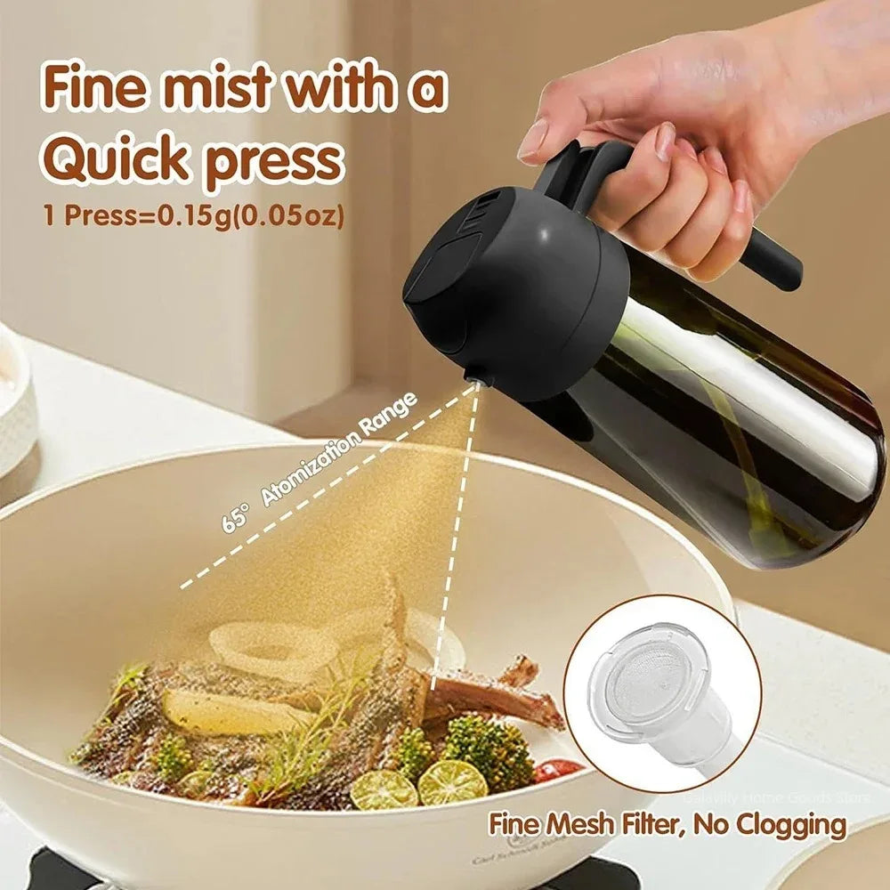 A hand is squeezing a black glass oil dispenser, demonstrating fine mist atomization over food in a pan.