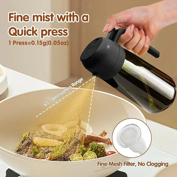 A hand is squeezing a black glass oil dispenser, demonstrating fine mist atomization over food in a pan.