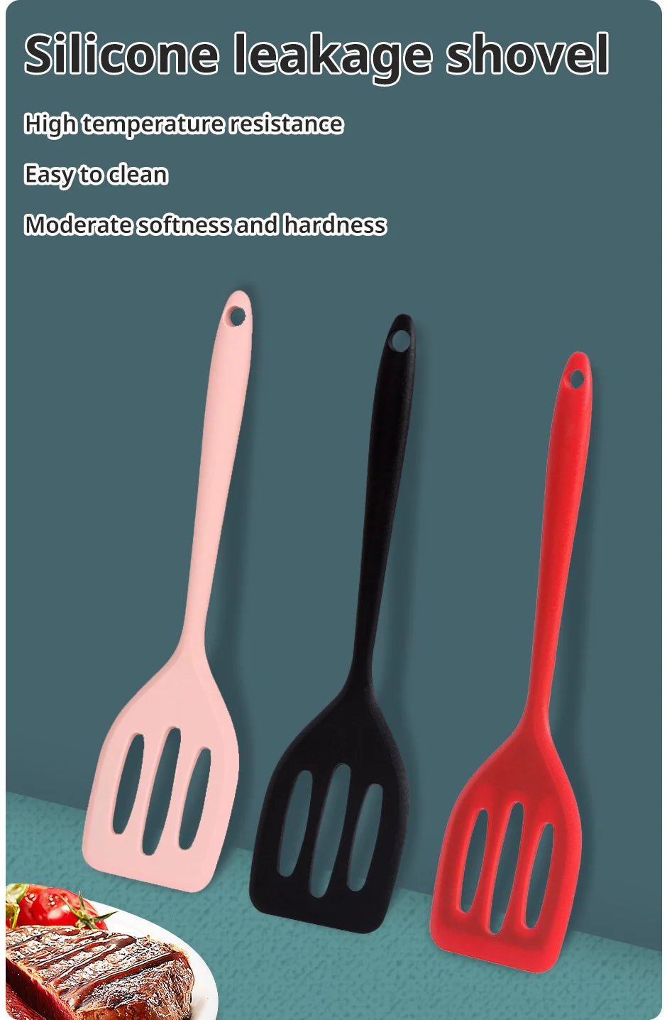Three silicone leakage shovels in pink, black, and red are shown against a green background.