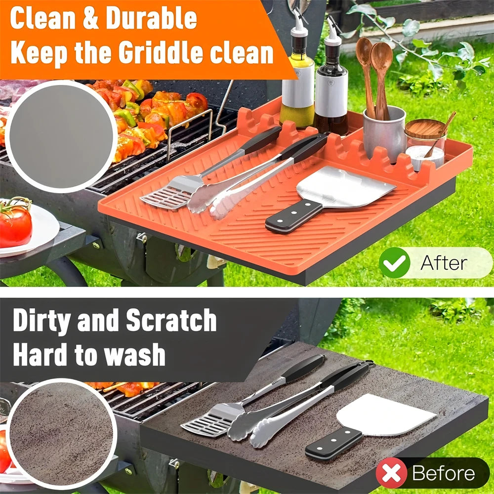 Comparison showing a dirty grill grate before and a clean, durable silicone grill mat after use.