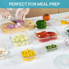 A collection of clear glass lunch containers filled with various colorful vegetables and ingredients for meal prep.