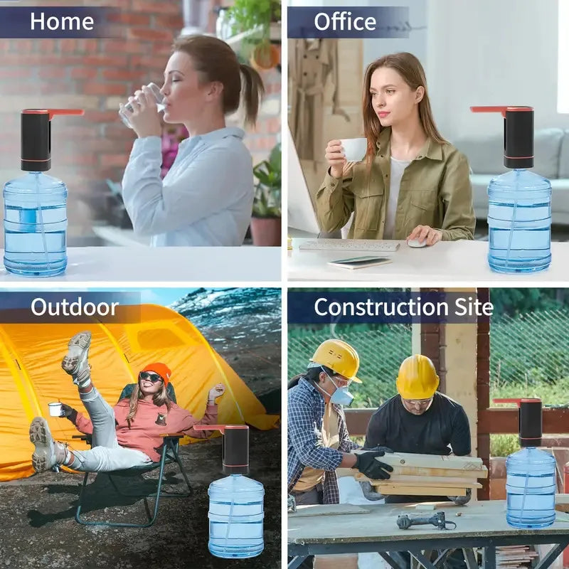 Four images showing a portable electric water dispenser pump used in home, office, outdoor, and construction site settings.