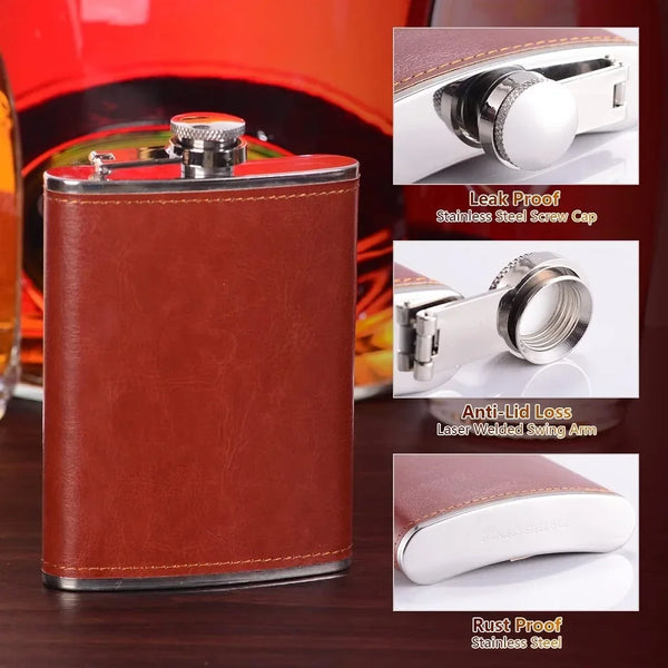 A brown leather hip flask with a silver screw cap and stainless steel components, showing leak proof and rust proof features.