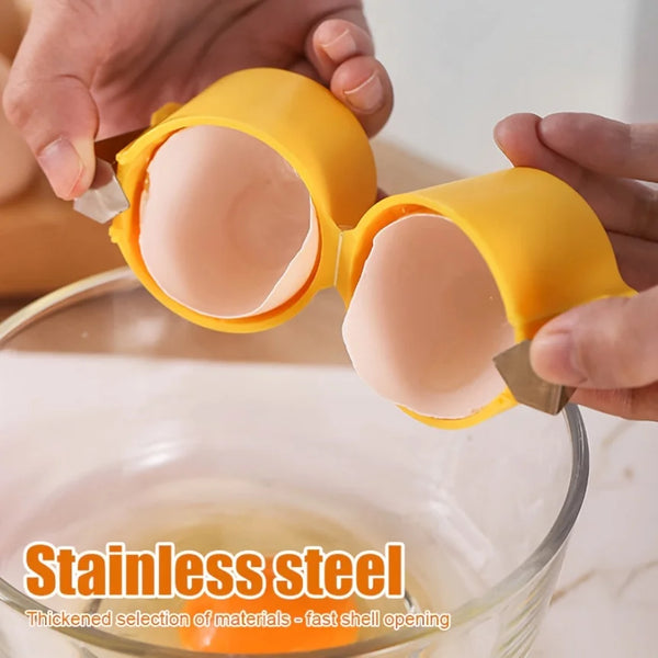 Hands open a yellow portable egg cracker and separator tool above a glass bowl.