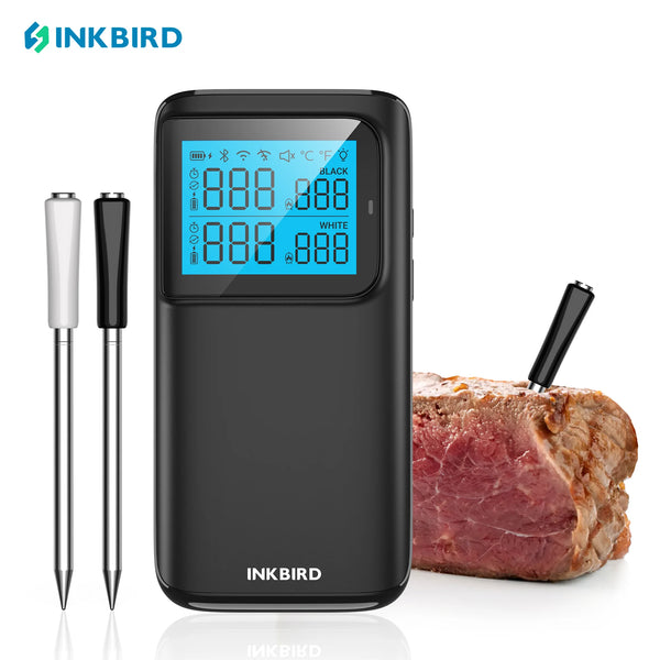 A black InkBird meat thermometer displaying an internal temperature of 888 degrees Fahrenheit.