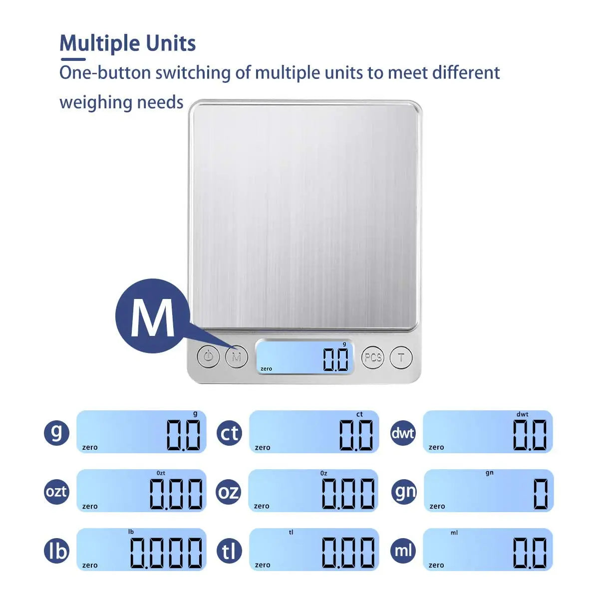 A silver digital kitchen scale showing various weight measurements including grams, ounces, pounds, and milliliters.