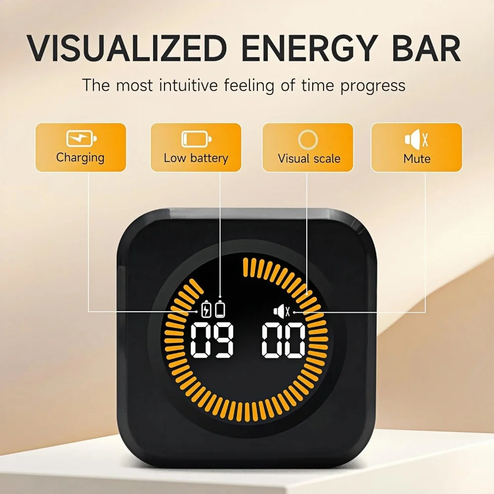 A black digital timer with an orange energy bar display showing 09:00, used for kitchen or study timing.