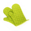Lime green silicone oven mitts with a quilted pattern shown from above.