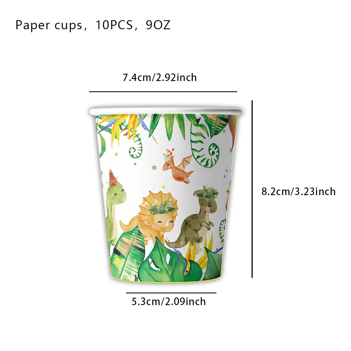 A set of ten paper cups featuring a dinosaur theme with various colorful illustrations.