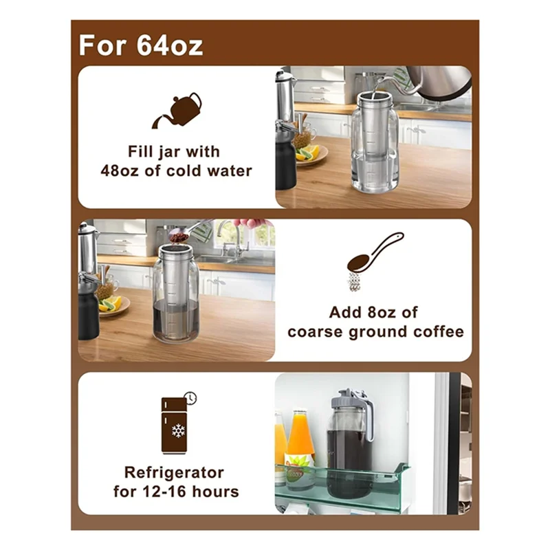Instructions showing how to fill a jar with cold water, add ground coffee, and use the refrigerator for storage.