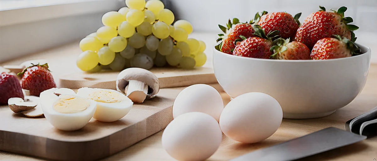 A wooden cutting board displays fresh fruit like grapes and strawberries, along with eggs and mushrooms, next to an egg slice