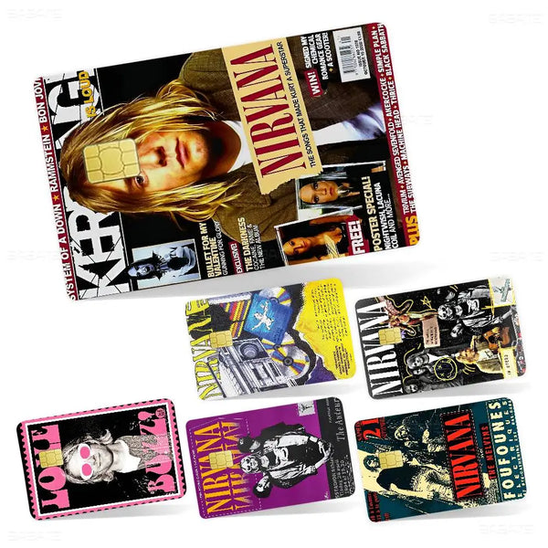 Colección de pegatinas de tarjetas de débito de Nirvana, con arte de álbum e imágenes de la banda.