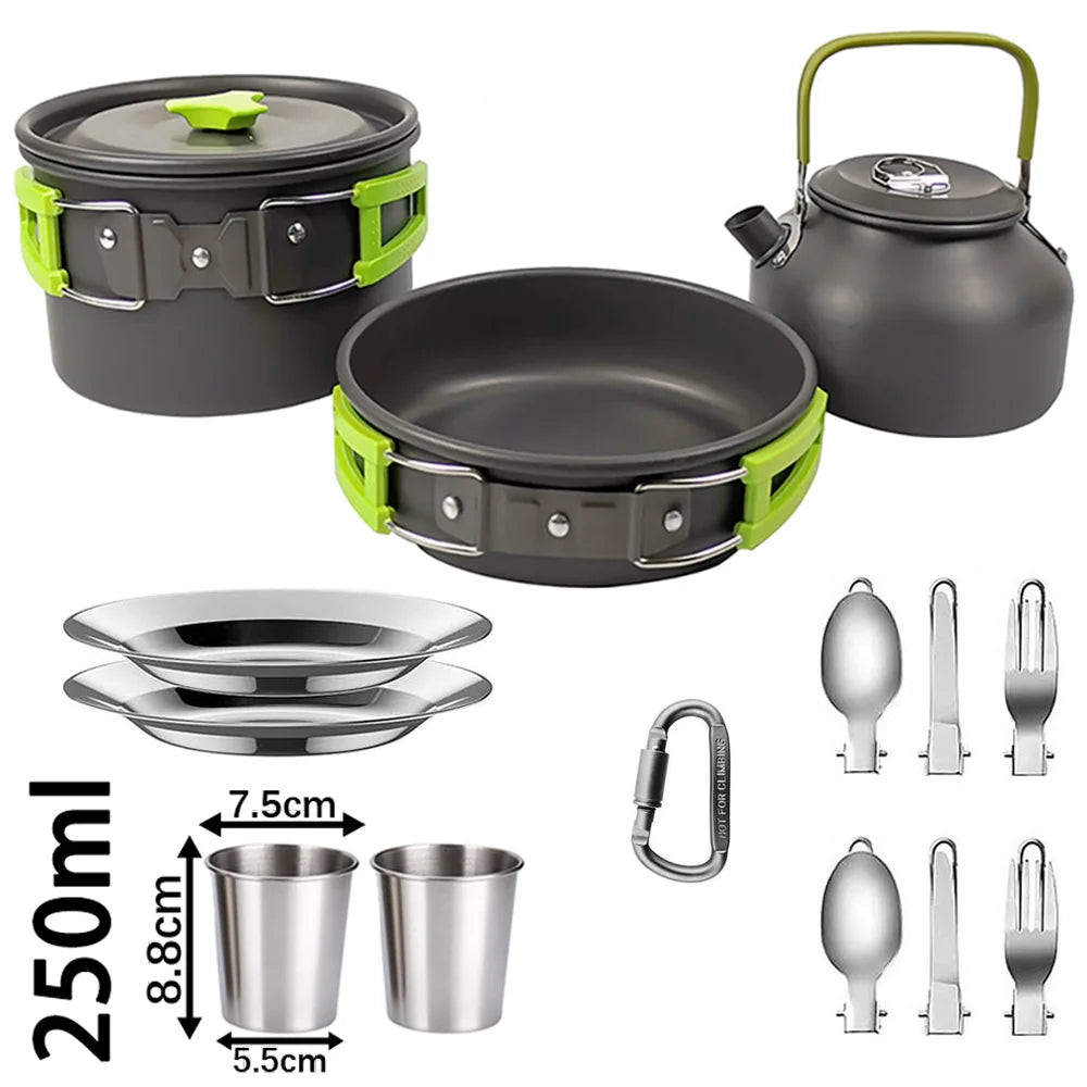 Camping cookware set including a pot, frying pan, and various utensils and cups.