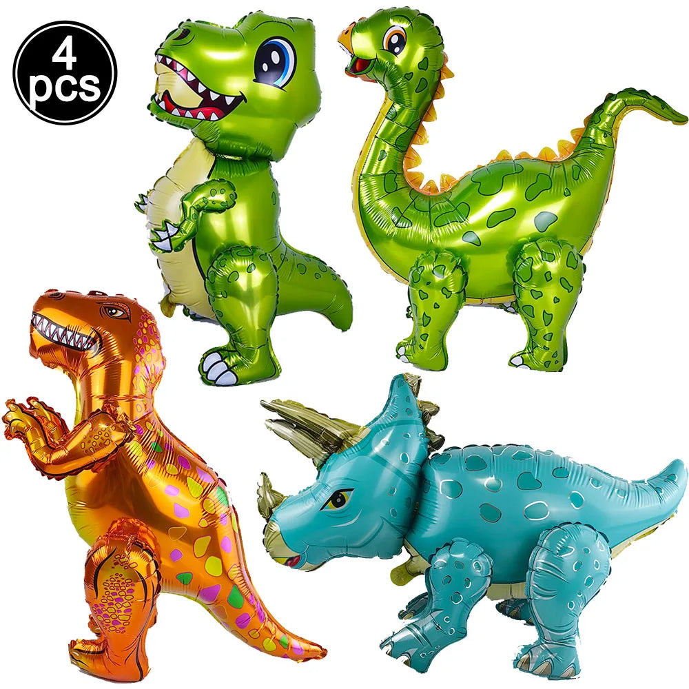 A set of four green and orange dinosaur theme disposable party decor items including a dinosaur, a long-necked dinosaur, and 