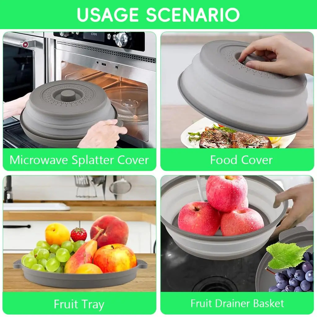 Juego de accesorios de cocina de silicona, incluye protector para microondas, tapa de comida, bandeja de fruta y cestillo dre