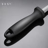 A black knife sharpening rod with a silver blade is shown against a gray background.