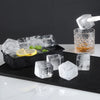 A black tray holds various clear ice cubes, a lemon slice, and a glass of amber liquid.