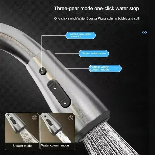 Nahaufnahme einer dreigangigen, ein-Klick-Wasserstopp-Duschkopf mit verschiedenen Wassermustern.