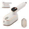 A white foldable handheld garment steamer with a detachable nozzle and a separate power base.