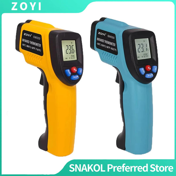 A yellow and blue digital infrared thermometer is shown against a white background.
