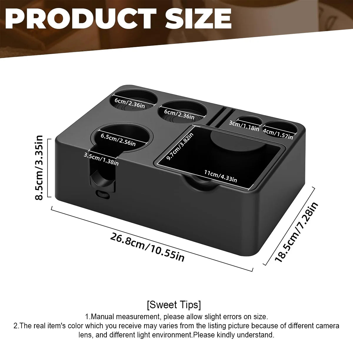 A black 10-in-1 espresso tamping station organizer showing various sized compartments for coffee tools.