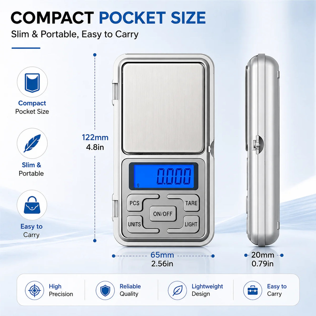 A silver digital precision scale is shown next to its packaging, highlighting its compact size and portability.