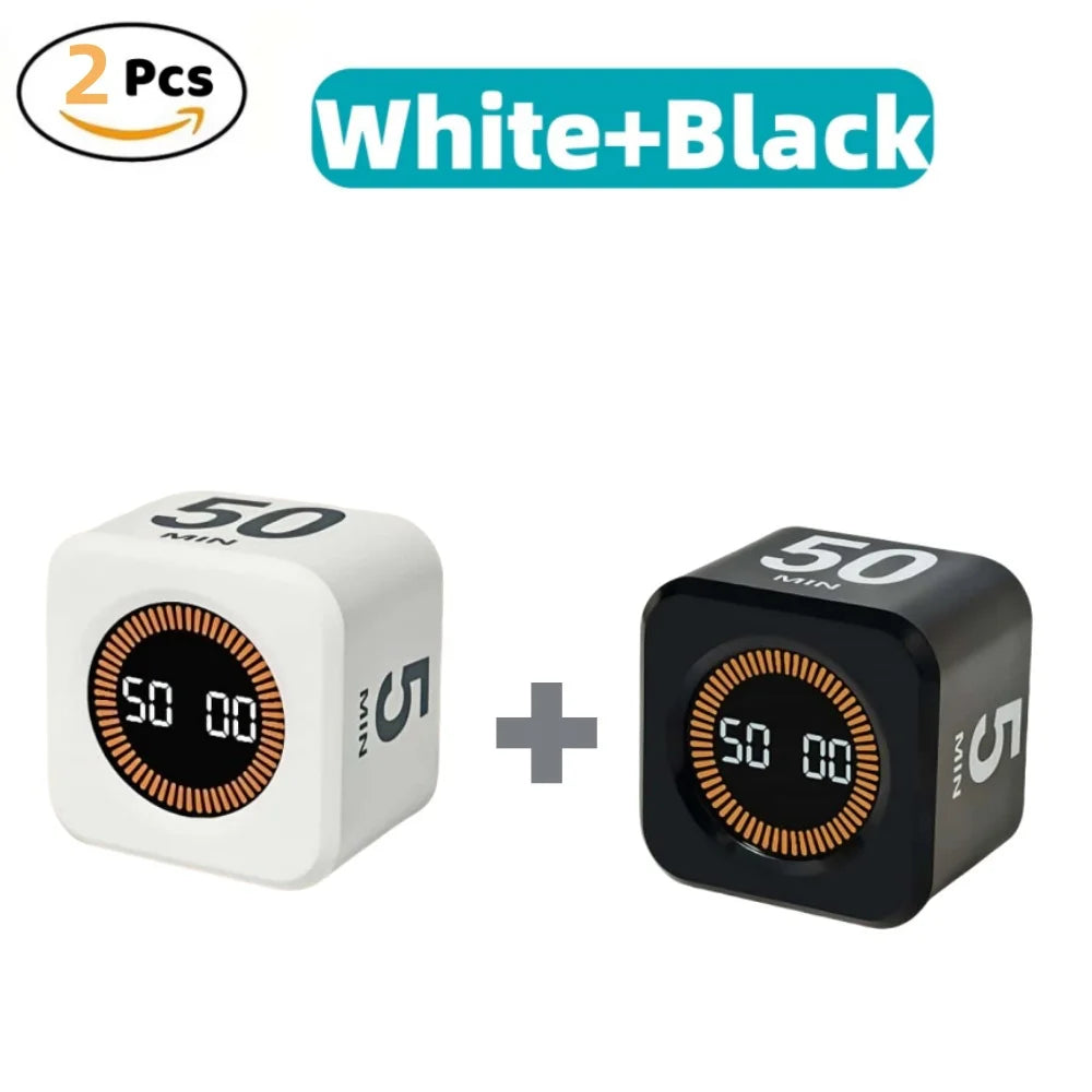 Two white and black digital kitchen and study timers shown side by side.
