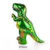 A vibrant green dinosaur figurine with a textured skin and colorful accents, displayed against a white background.